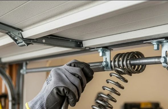 Emergency overhead garage door equipment and spring installation layout